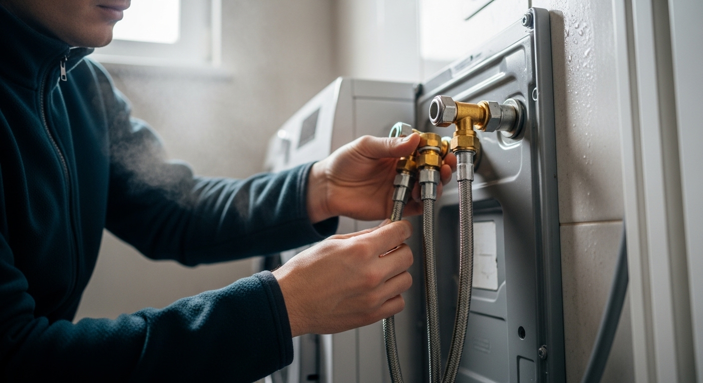 Person inspecting the water hoses behind a washing machine in a laundry room
