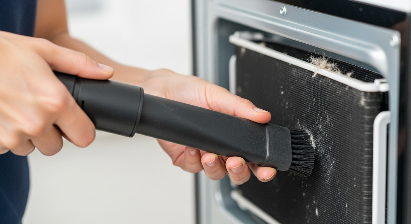 Close-up of refrigerator condenser coils being cleaned