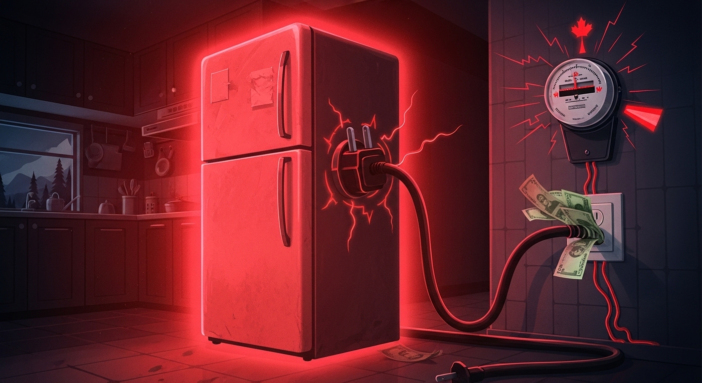 A high utility bill in front of a refrigerator, symbolizing the energy drain from faulty appliances in Maple Ridge.