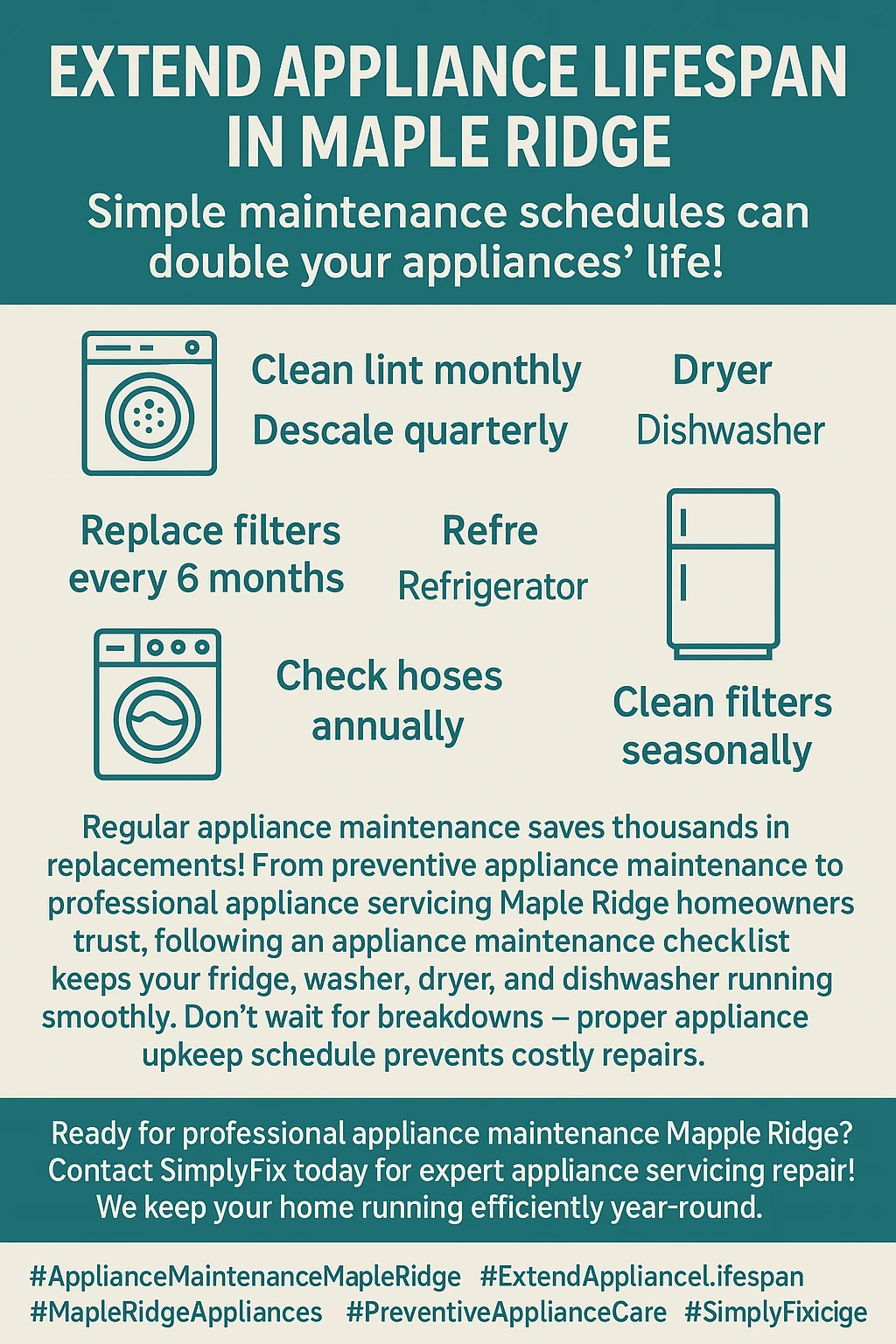 Appliance maintenance schedule infographic for Maple Ridge homeowners
