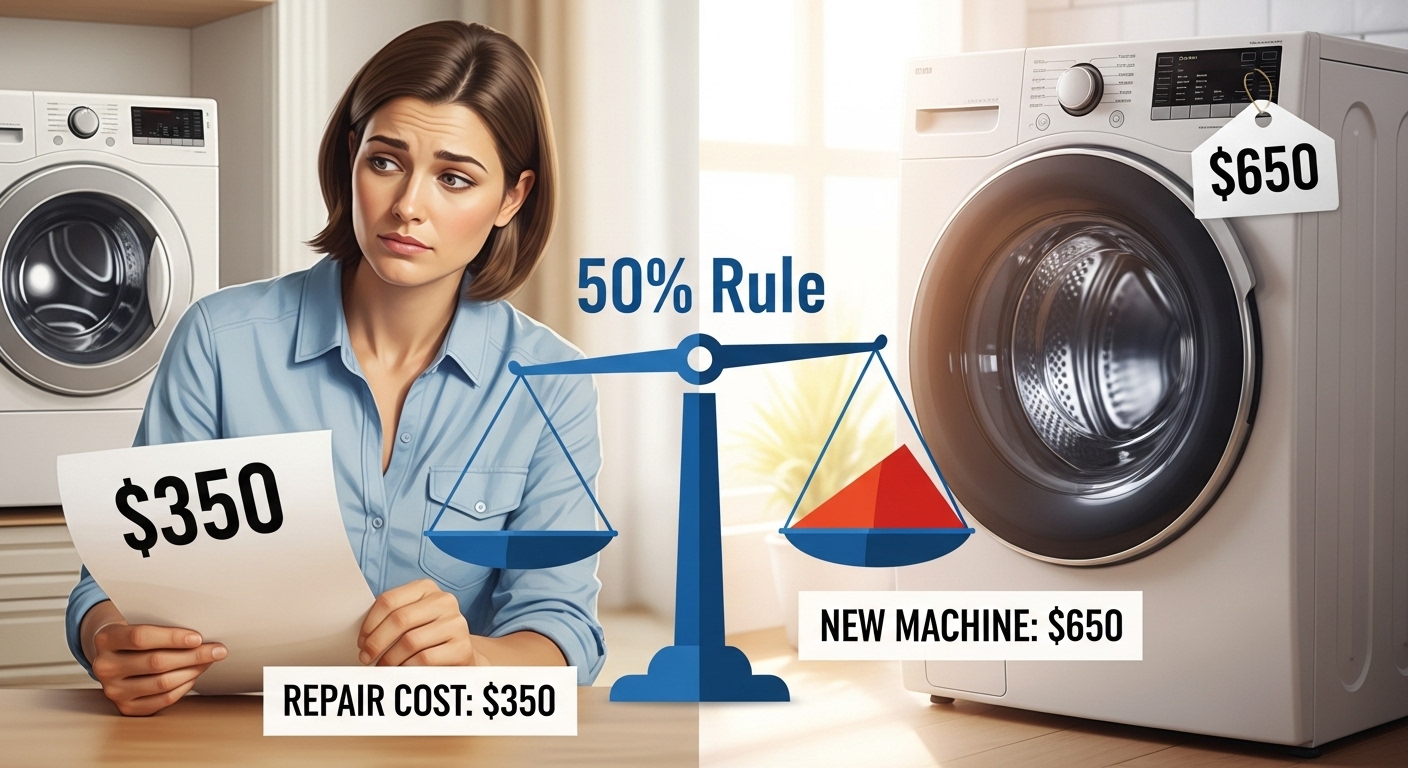 An illustration of the 50% rule, showing a calculator and an appliance to represent the financial decision of repairing versus replacing.