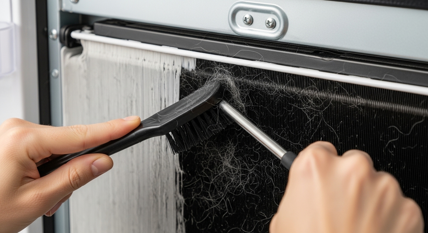 Close-up of a person cleaning dusty refrigerator condenser coils with a brush.