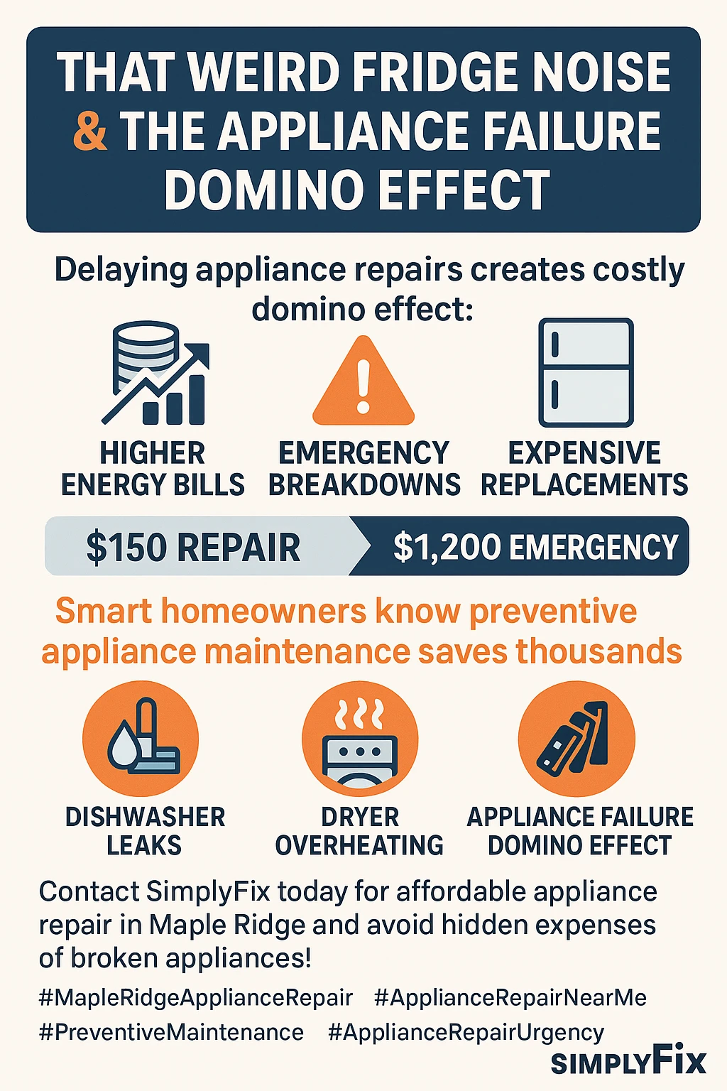 Infographic summarizing the hidden costs of delaying appliance repairs including increased energy bills, higher repair costs, and emergency fees.