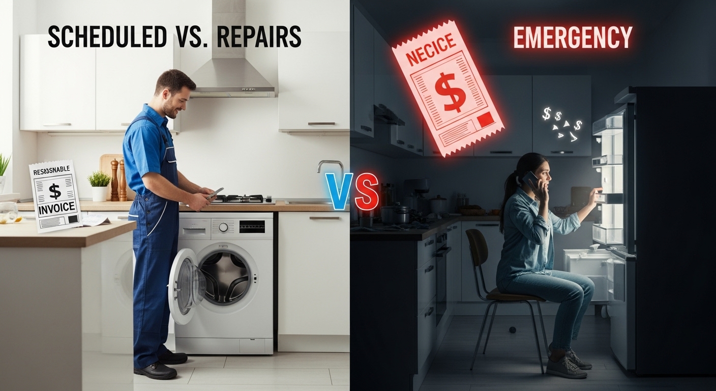 A technician performing an emergency appliance repair, highlighting the higher cost compared to scheduled maintenance.