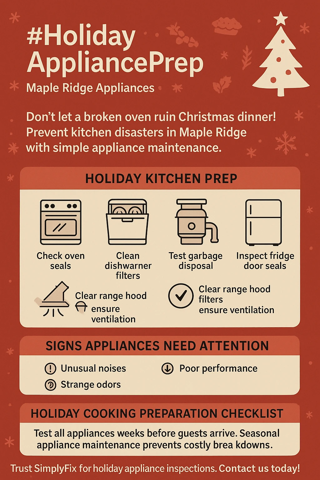 Infographic checklist for preventing holiday appliance breakdowns.