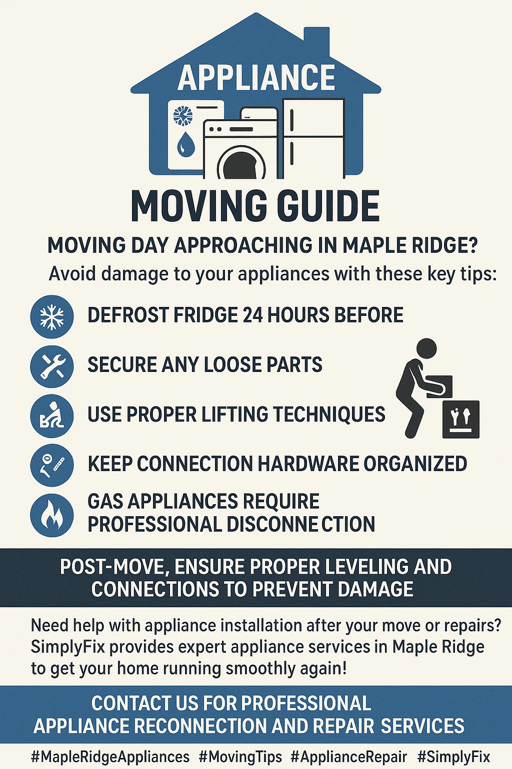 Infographic checklist for appliance moving preparation in Maple Ridge