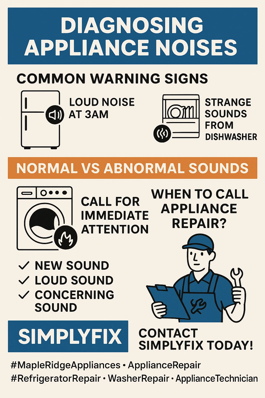 Infographic summarizing key takeaways for appliance noise issues in Maple Ridge