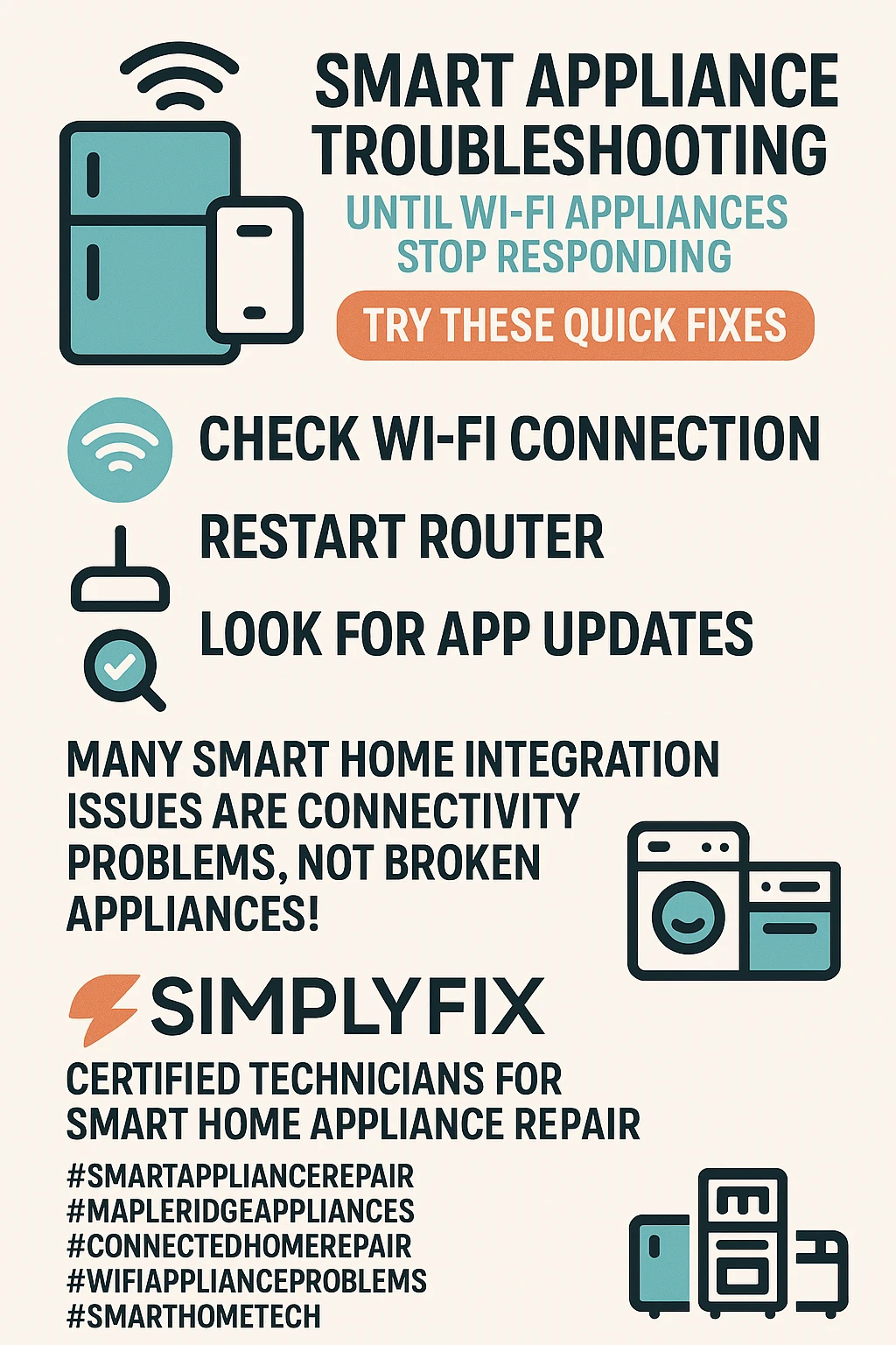 Infographic summarizing key takeaways about smart home appliance repair for Maple Ridge homeowners.