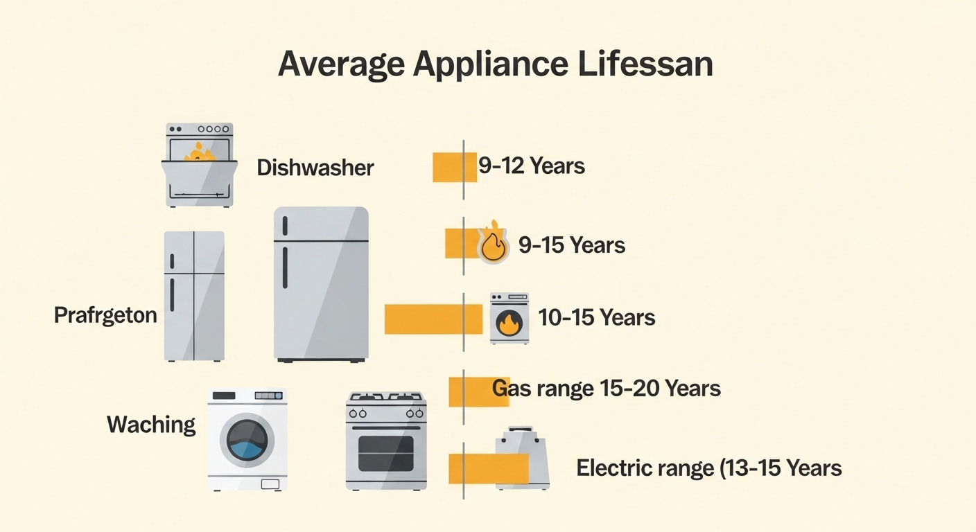 A chart detailing the average lifespan of major home appliances, including refrigerators, dishwashers, and ovens.