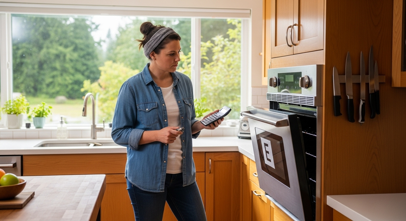 A homeowner in Maple Ridge looking at their appliance, weighing the decision to repair or replace.