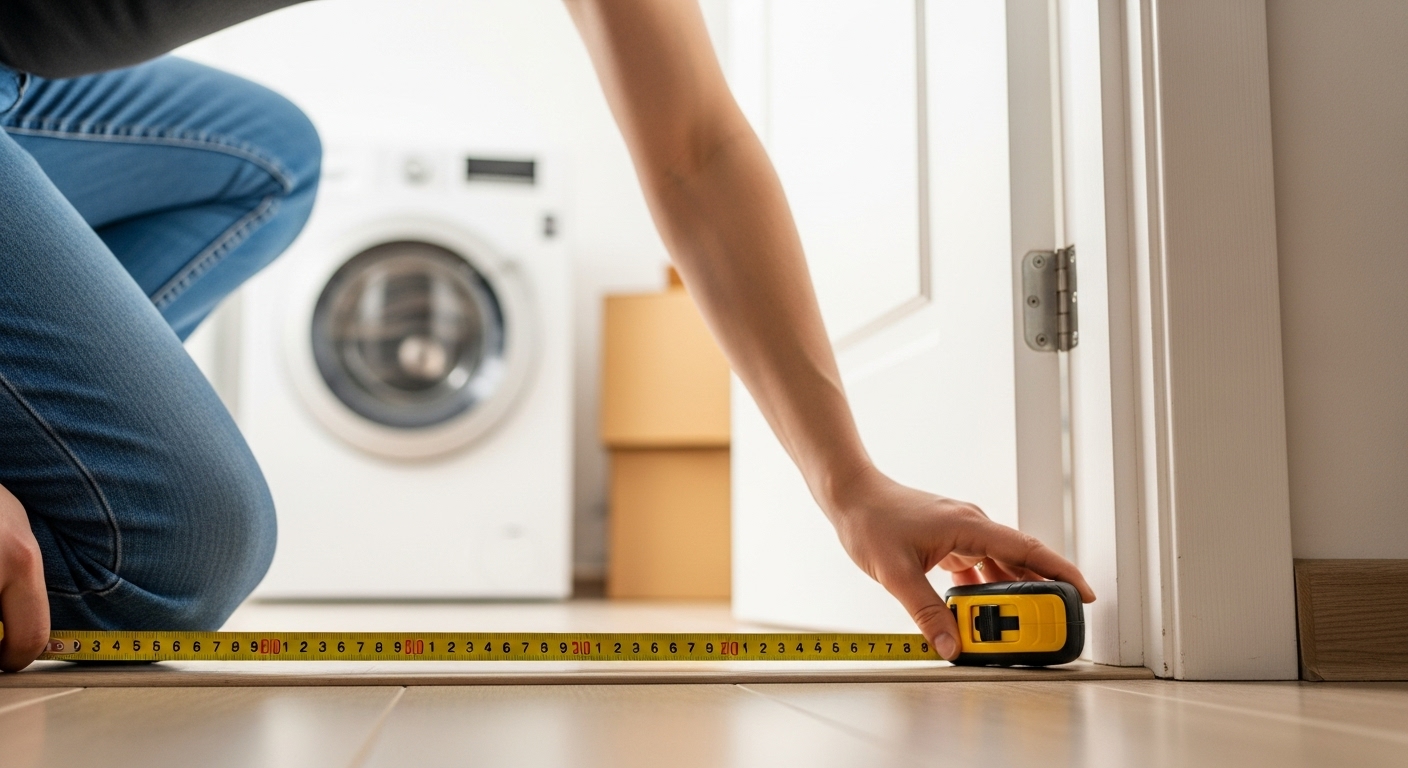 Person measuring a doorway with a tape measure before moving an appliance.