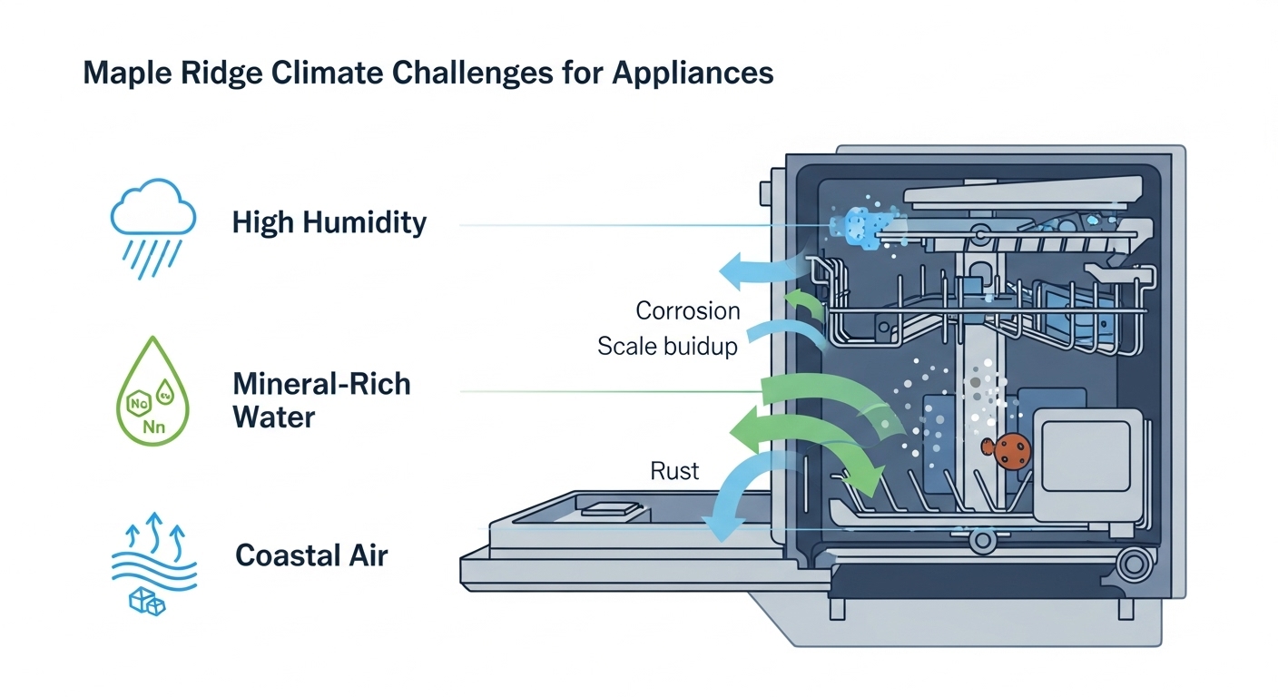 Infographic detailing Pacific Northwest climate effects on appliances
