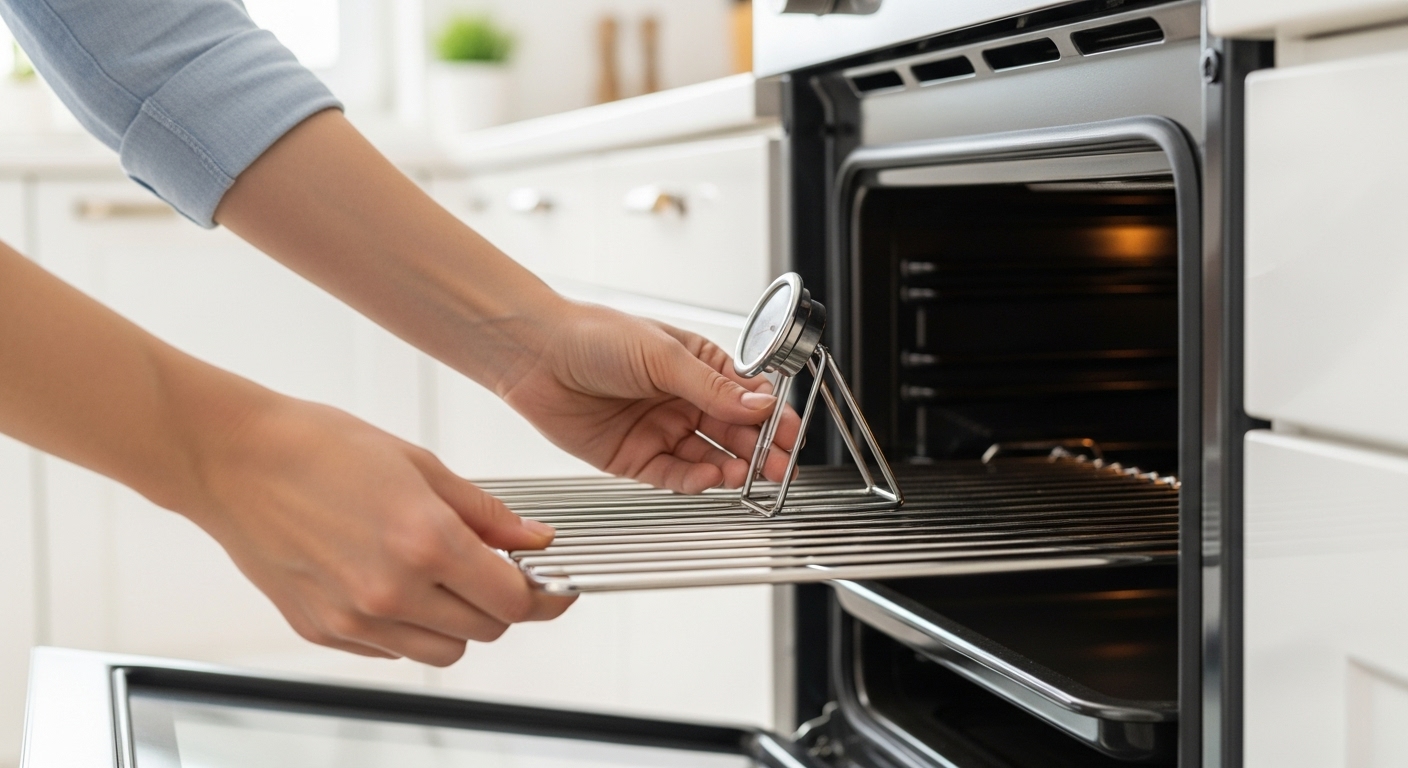 A person using an oven thermometer to test the temperature, preparing for holiday cooking.