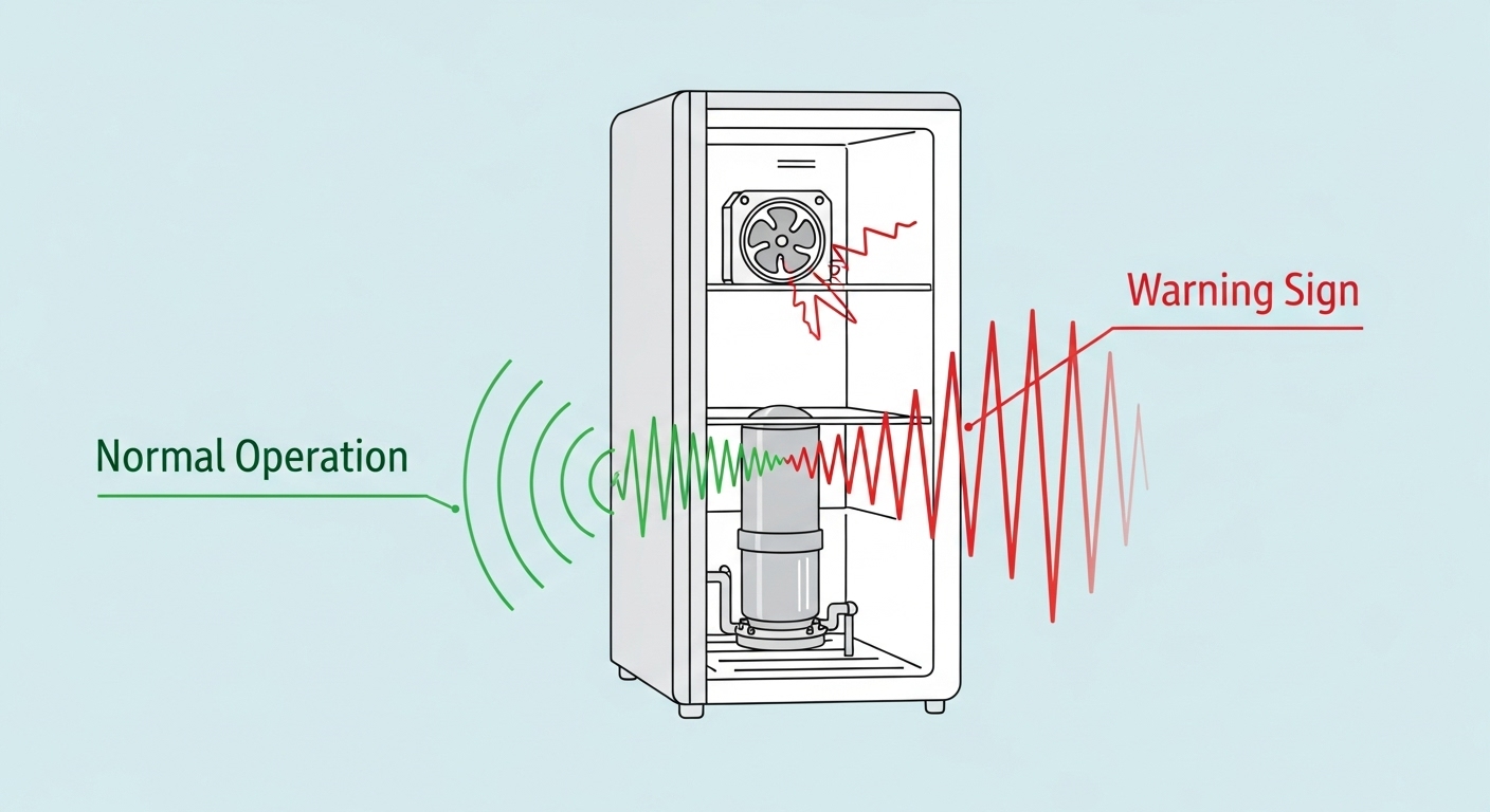 Diagram showing the common sources of noise in a refrigerator like the compressor and fans