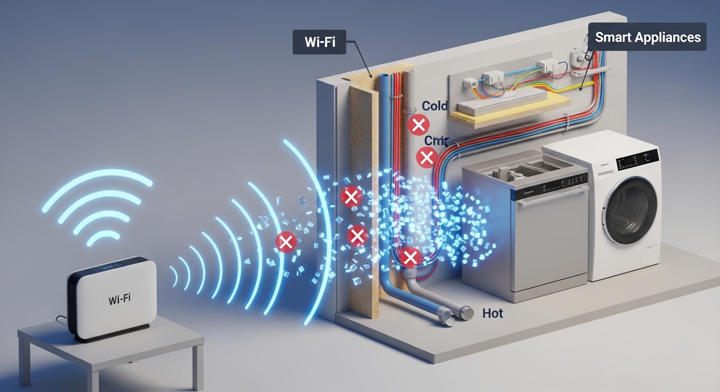 Smart refrigerator experiencing Wi-Fi signal interference from other home devices.