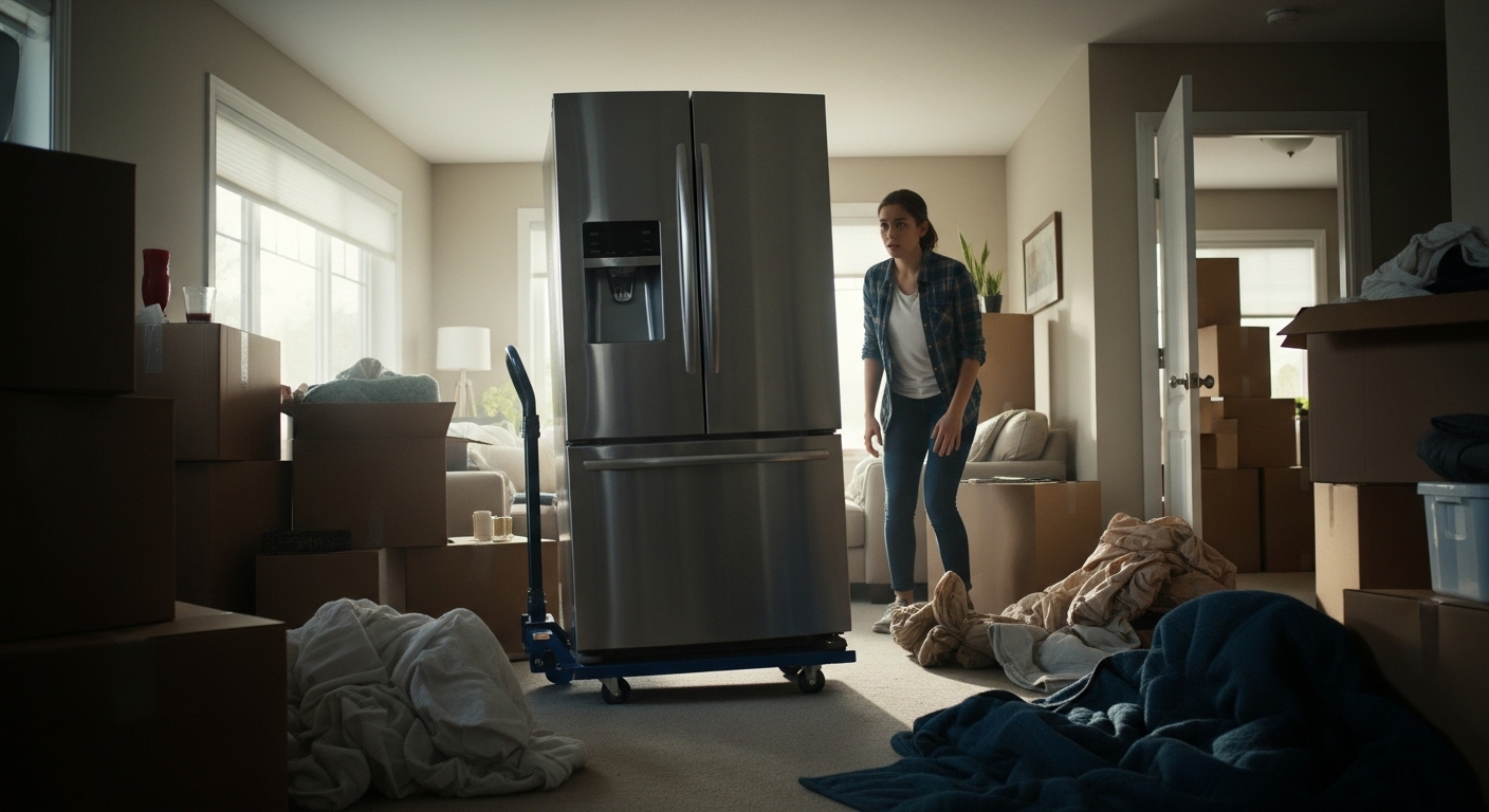Homeowner looking stressed at a broken appliance during a move.