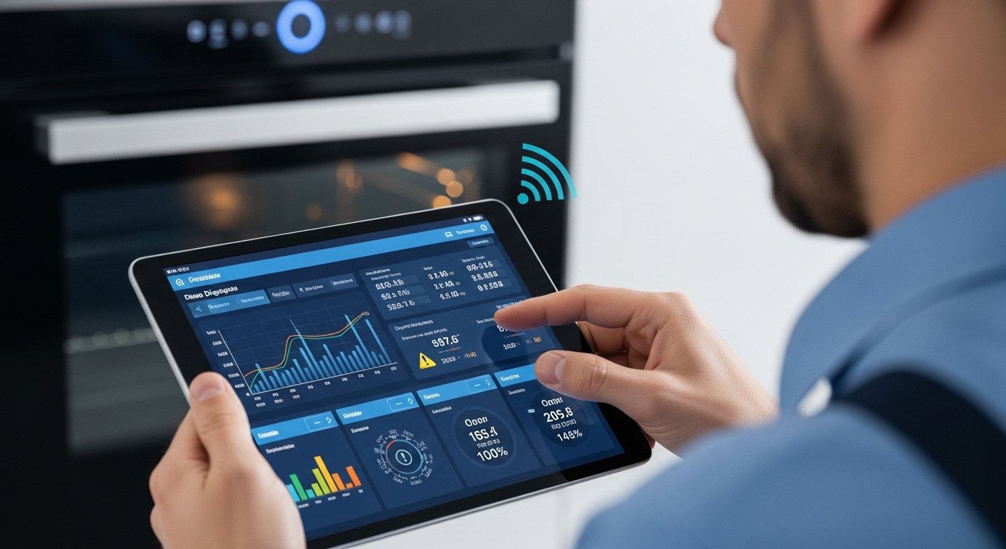 An appliance repair technician using a tablet with diagnostic software to troubleshoot a smart washing machine.