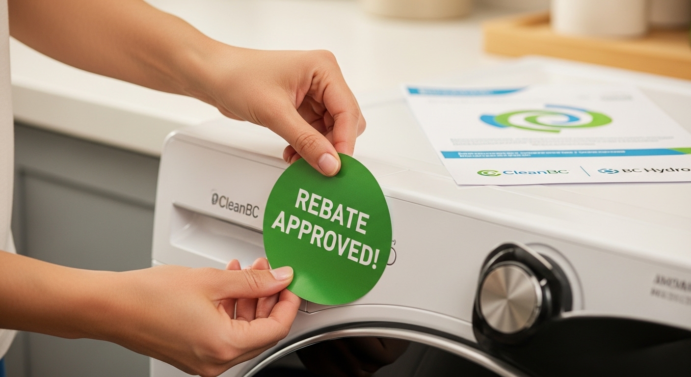 A smiling person holding cash in front of new, energy-efficient home appliances, illustrating savings from BC rebates.