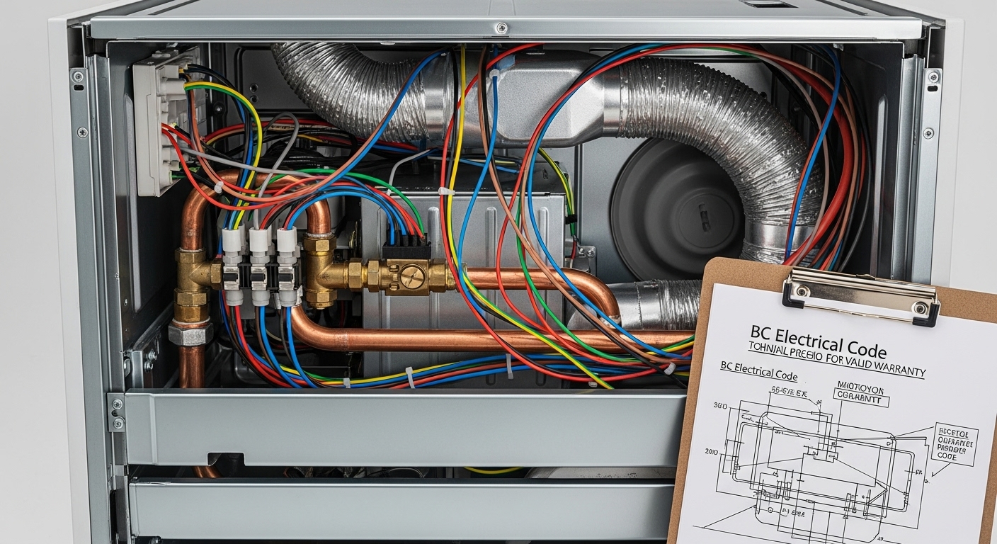 Close-up of complex wiring during an appliance installation, highlighting a potential warranty issue.