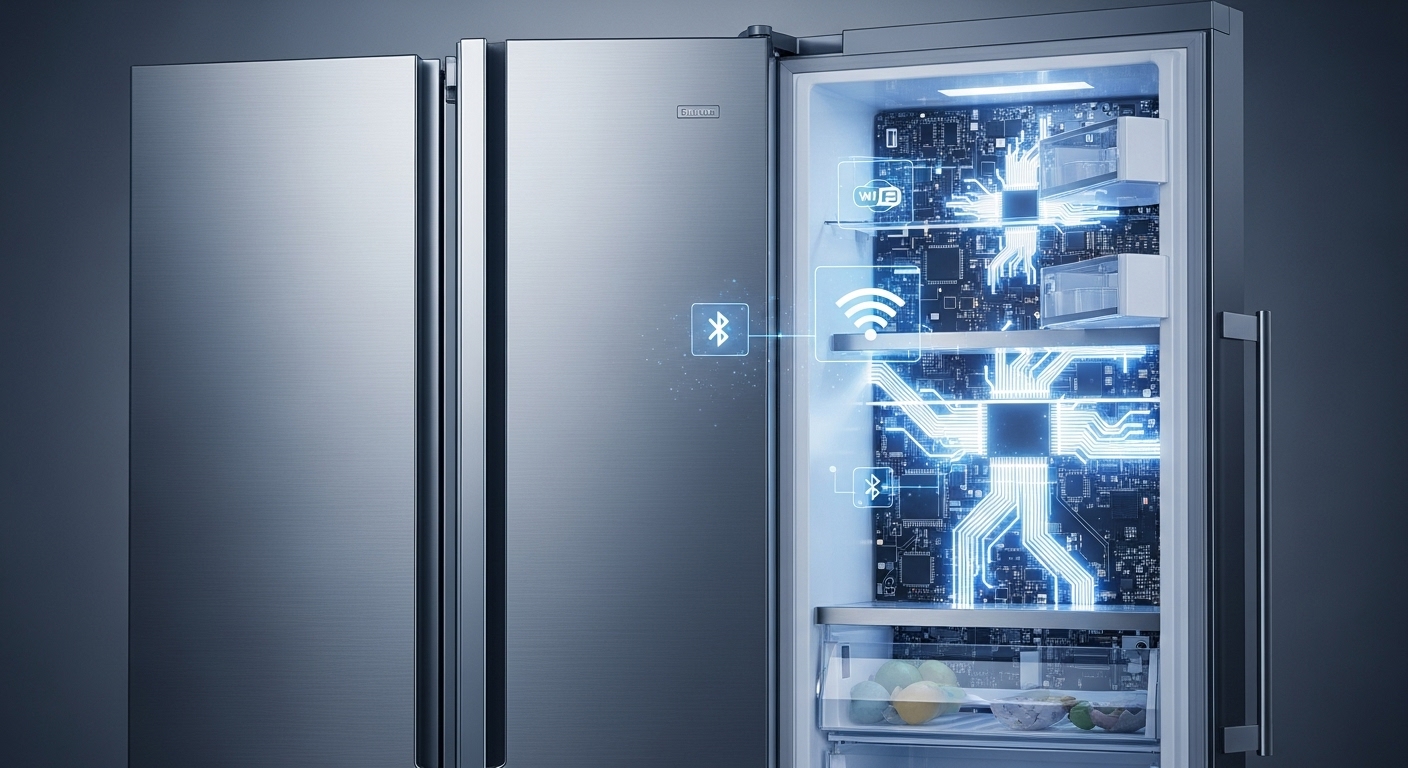 A close-up view of the complex and intricate electronics and wiring inside a modern smart appliance.