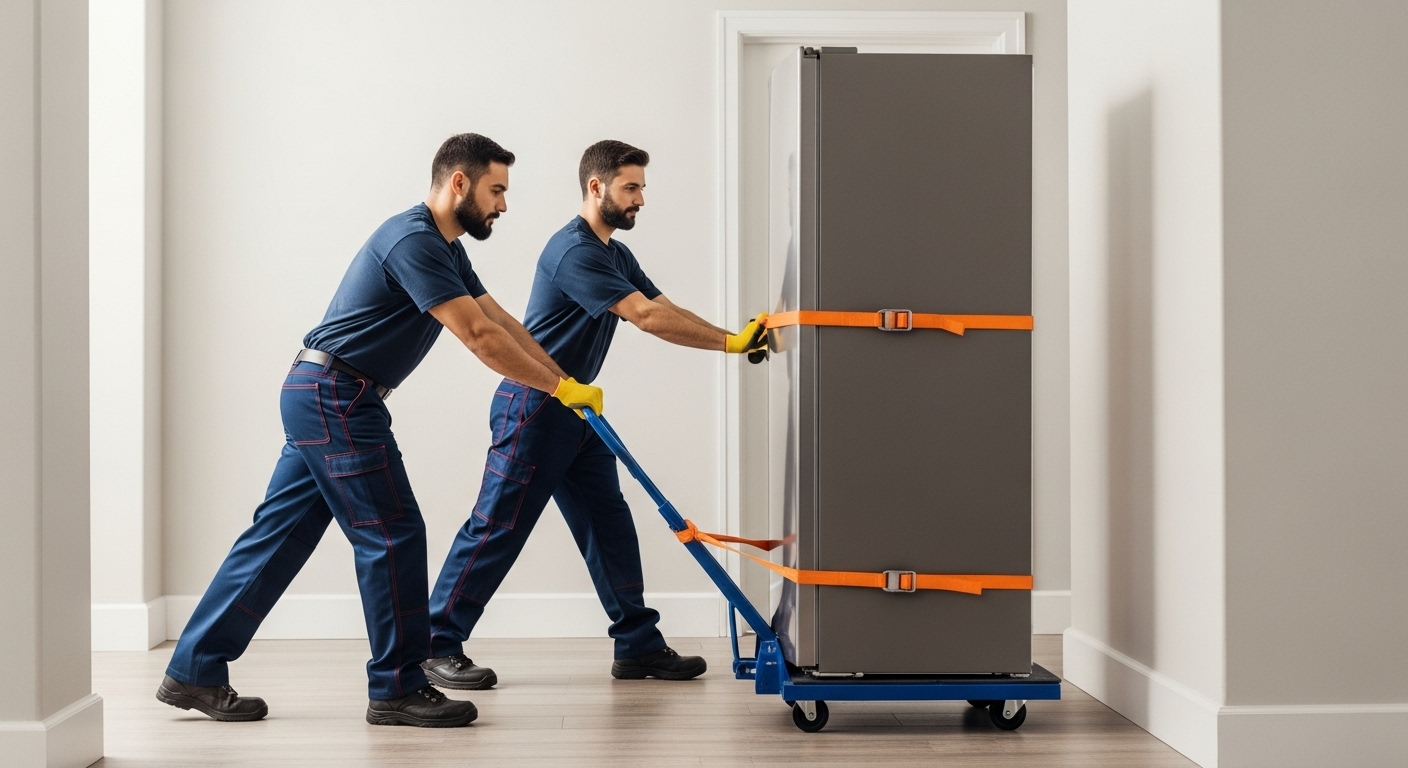 Two professional movers demonstrating the correct technique for moving a refrigerator upright using an appliance dolly and securing straps.