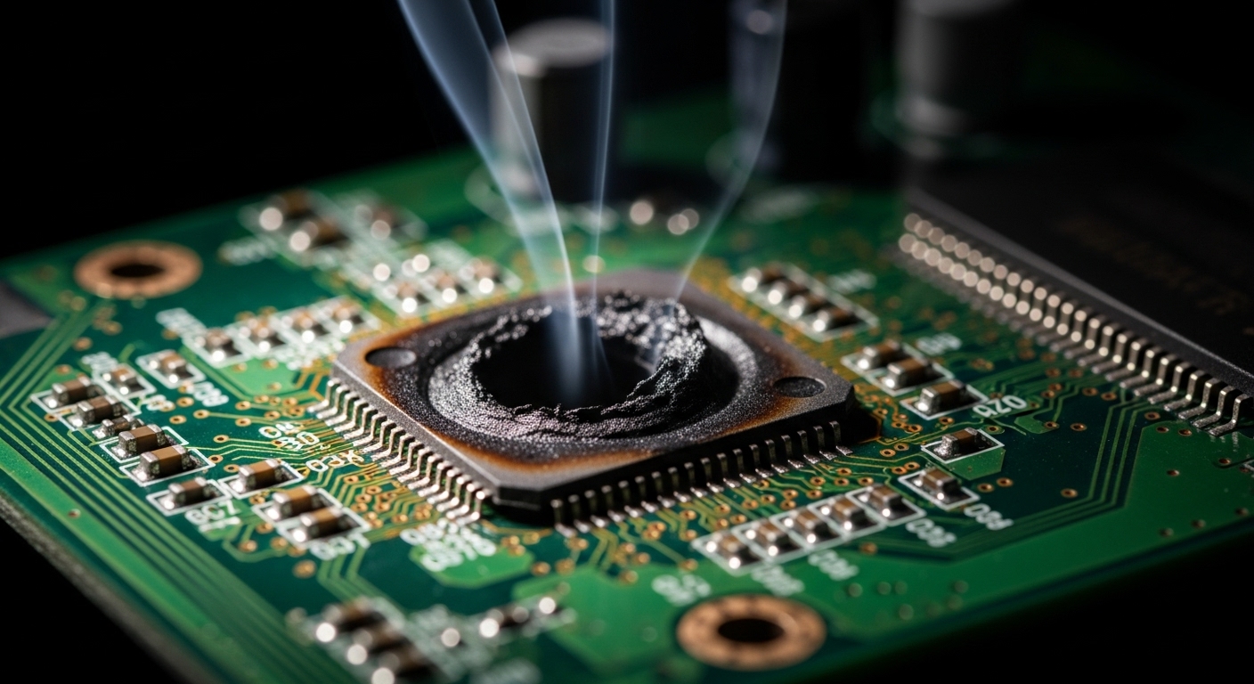 Close-up of a damaged circuit board from a smart appliance due to a power surge