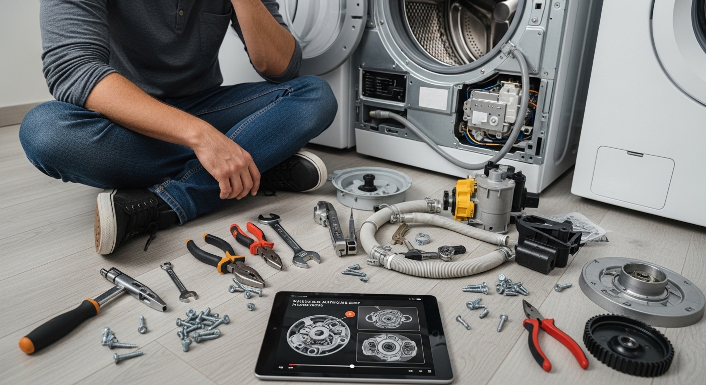 A person attempting a DIY appliance repair with tools, which could void the warranty.