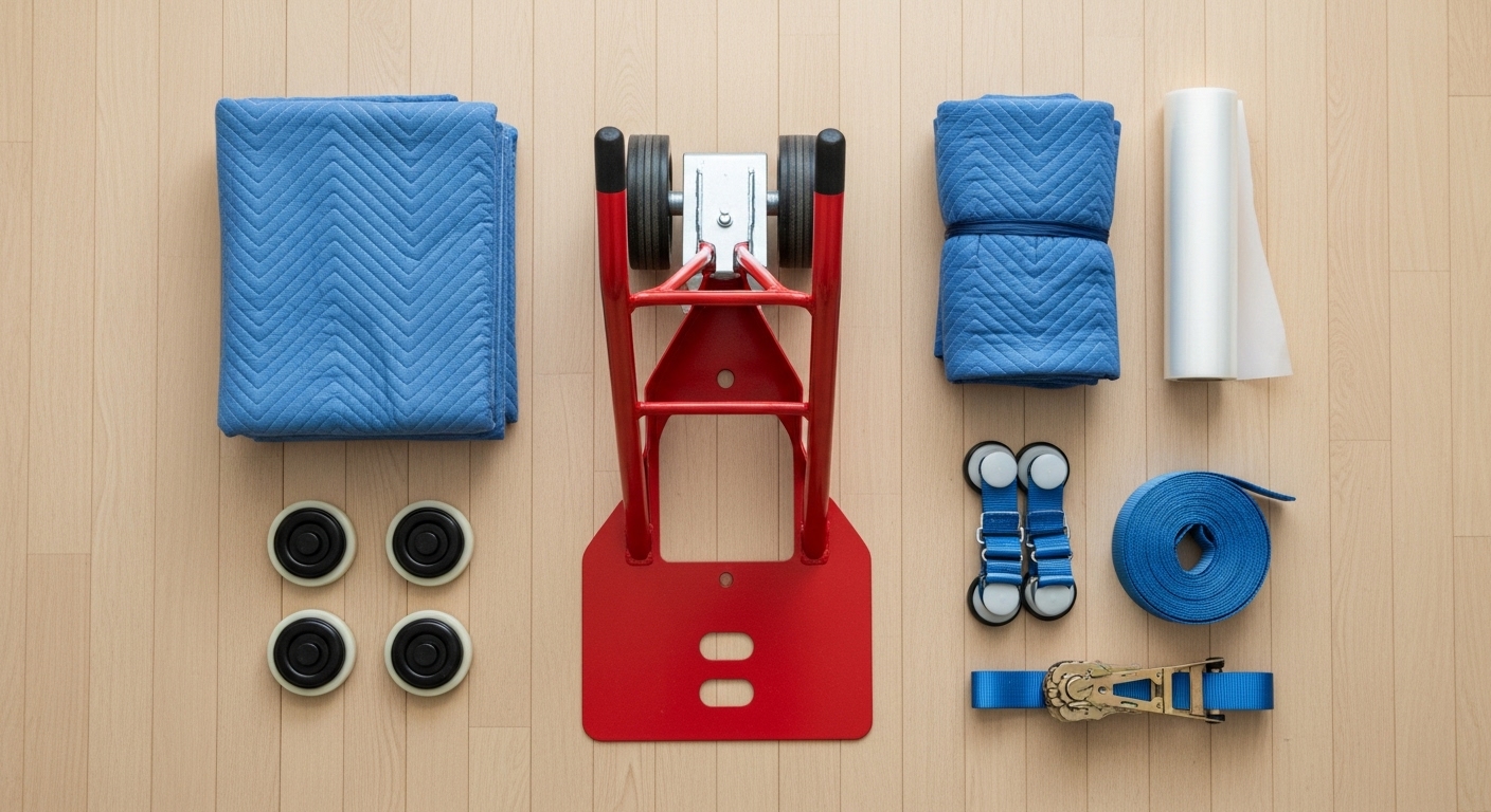 A flat lay of essential appliance moving equipment, including an appliance dolly, moving straps, blankets, and gloves.