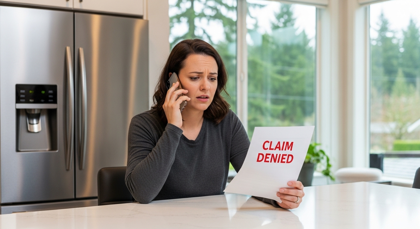 Homeowner looking frustrated while on the phone, dealing with a denied appliance warranty claim.
