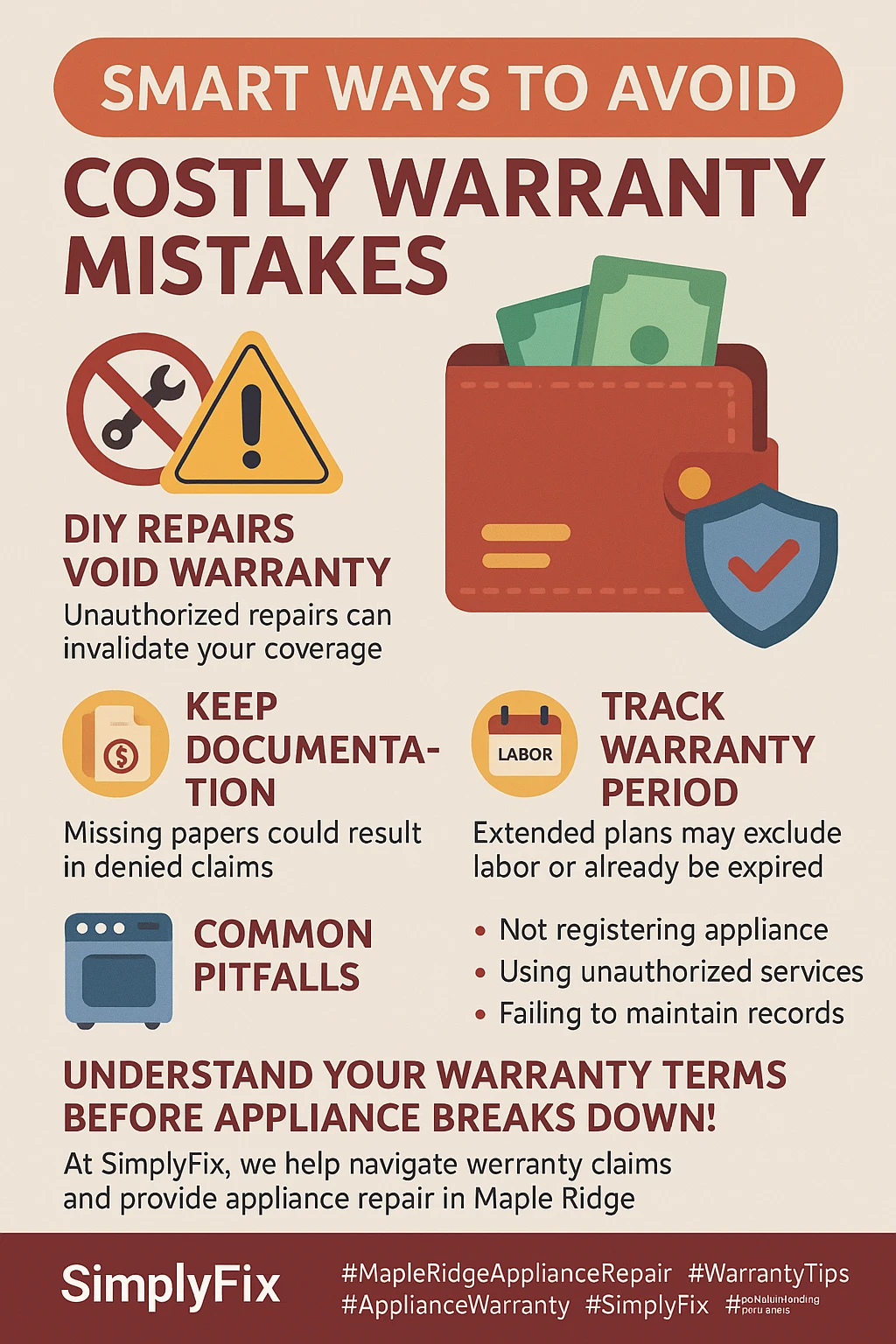 Infographic detailing common appliance warranty mistakes for homeowners in Maple Ridge.