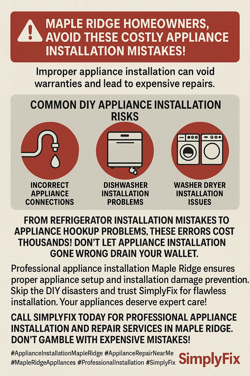 Infographic of key appliance installation mistakes in Maple Ridge