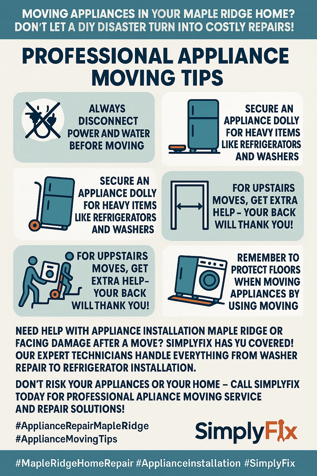 Infographic summary of key appliance moving tips for Maple Ridge homeowners.