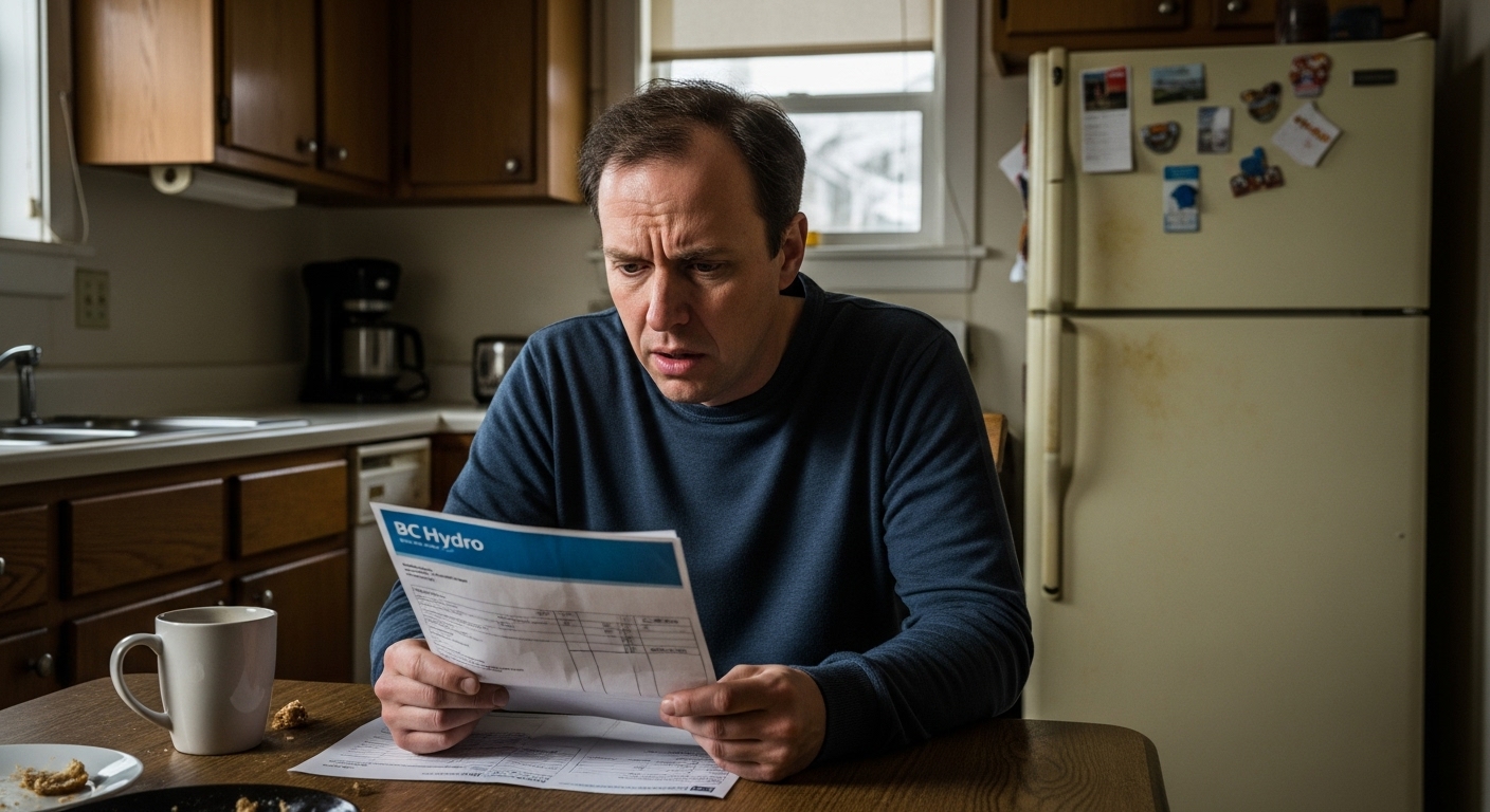 A Maple Ridge homeowner looking stressed while reviewing a high energy bill at their kitchen table.