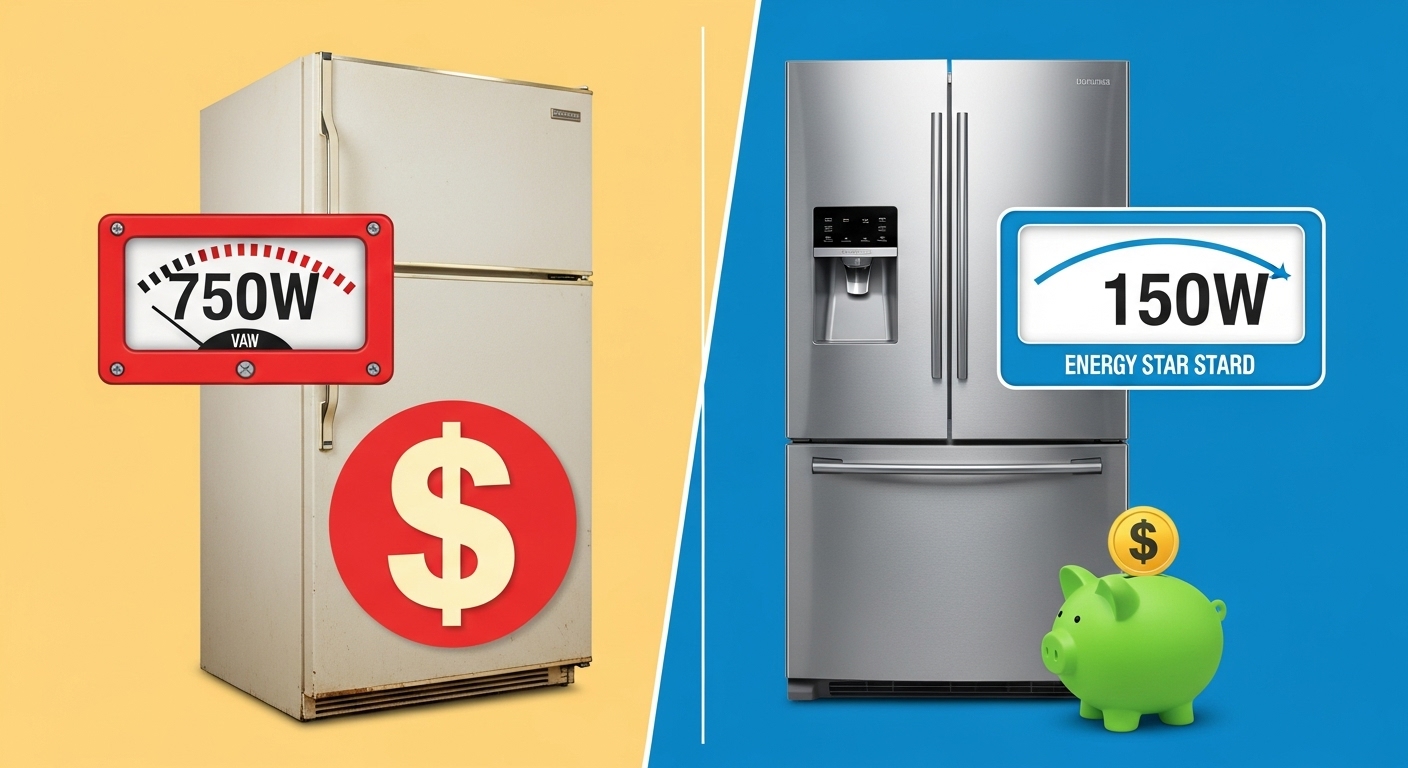 A graphic comparing the high energy cost of an old refrigerator versus the low energy cost of a new, efficient model.