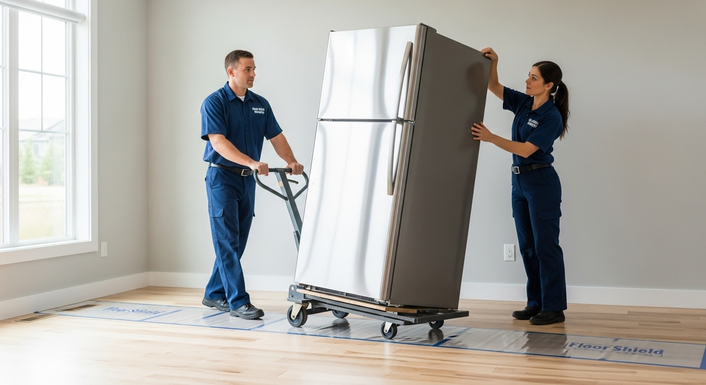 Professional movers carefully placing protective covering on hardwood floors before moving an appliance.