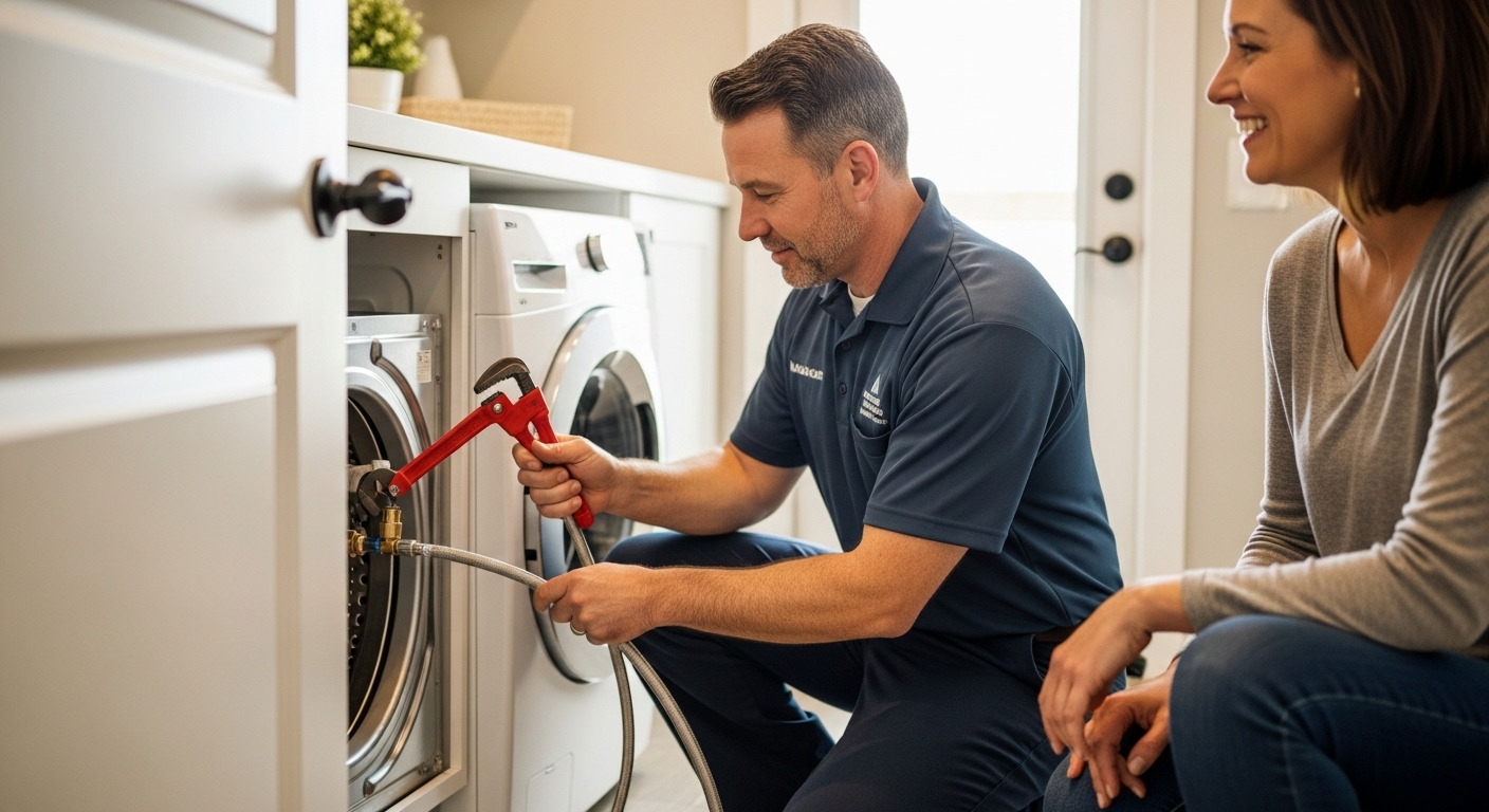 Professional plumber installing an appliance water line