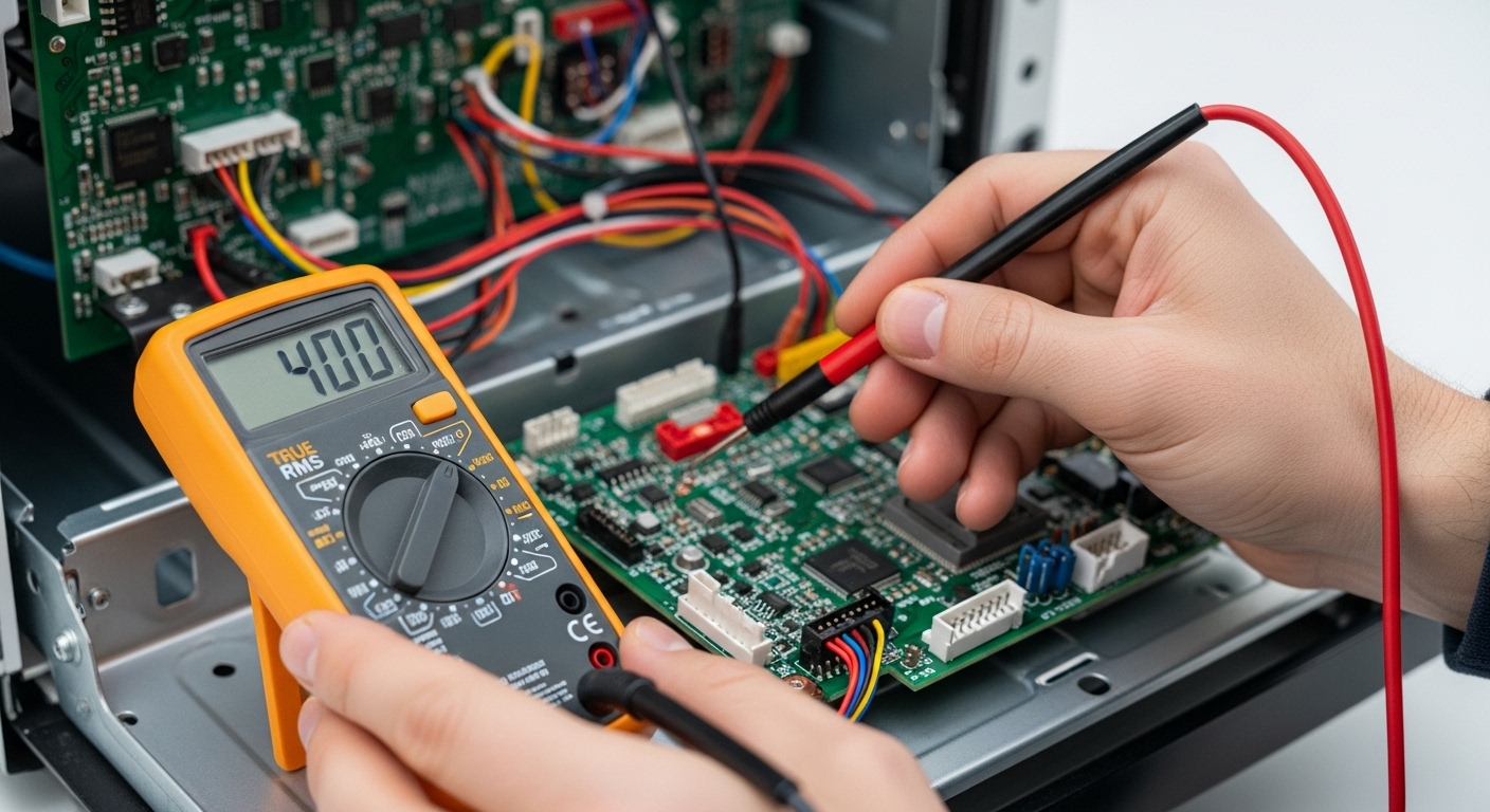 A professional technician carefully diagnosing a modern appliance's electronic control board with specialized tools.