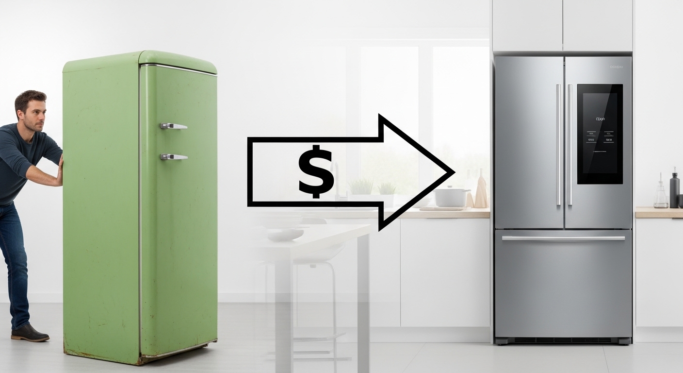 A person trading in an old appliance and receiving credit towards a new, energy-efficient model.