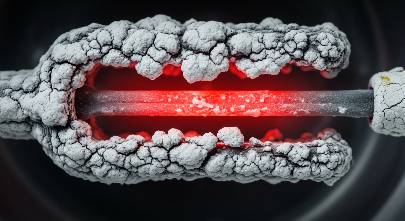 A close-up photograph of a water heater element heavily encrusted with white limescale mineral deposits.