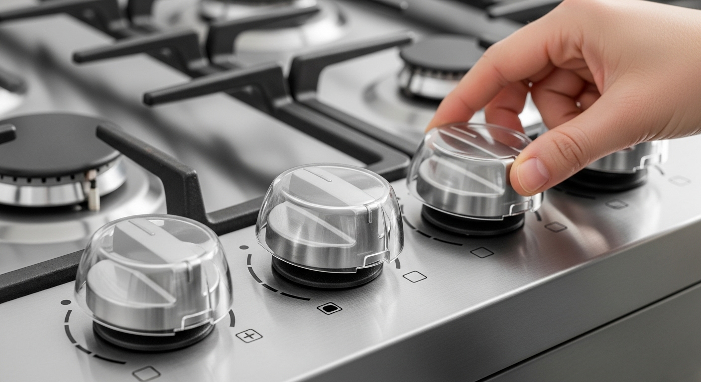 Close-up of child-safe stove knob covers