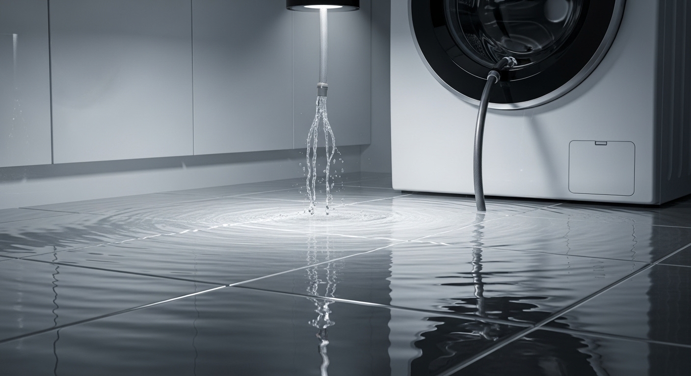 Flooded laundry room from a frozen washing machine hose