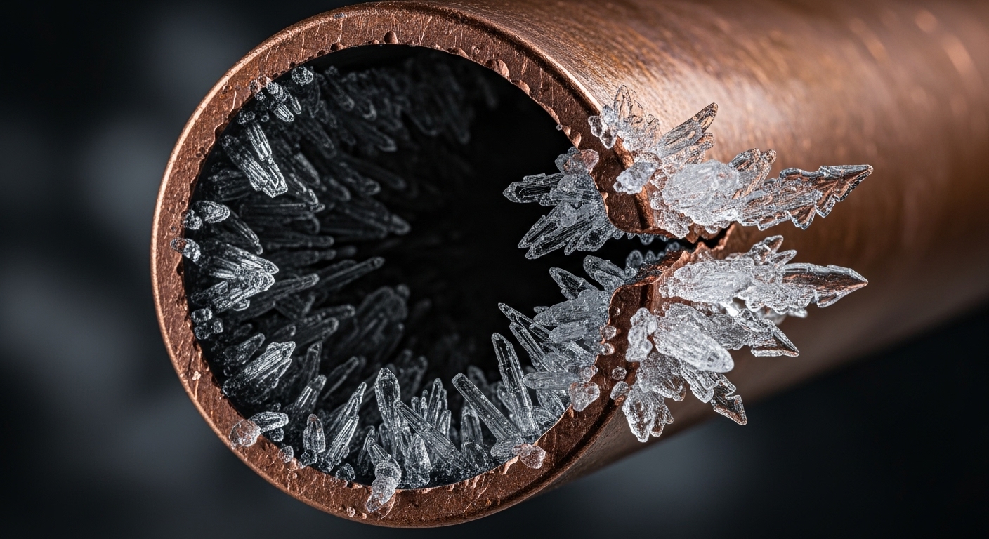 Close-up of ice expanding and bursting a copper water pipe