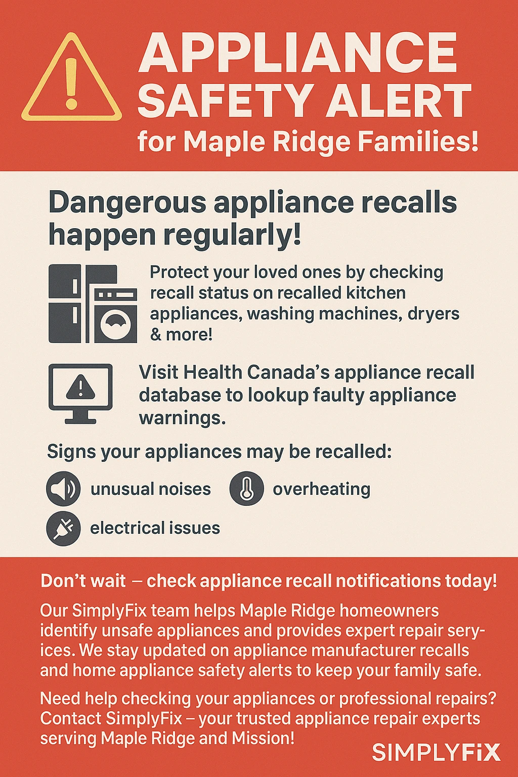 Infographic showing key facts about appliance recalls in Maple Ridge