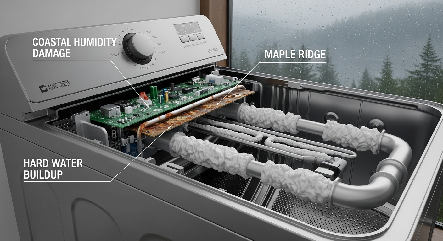 Internal view of a washing machine damaged by Maple Ridge's climate