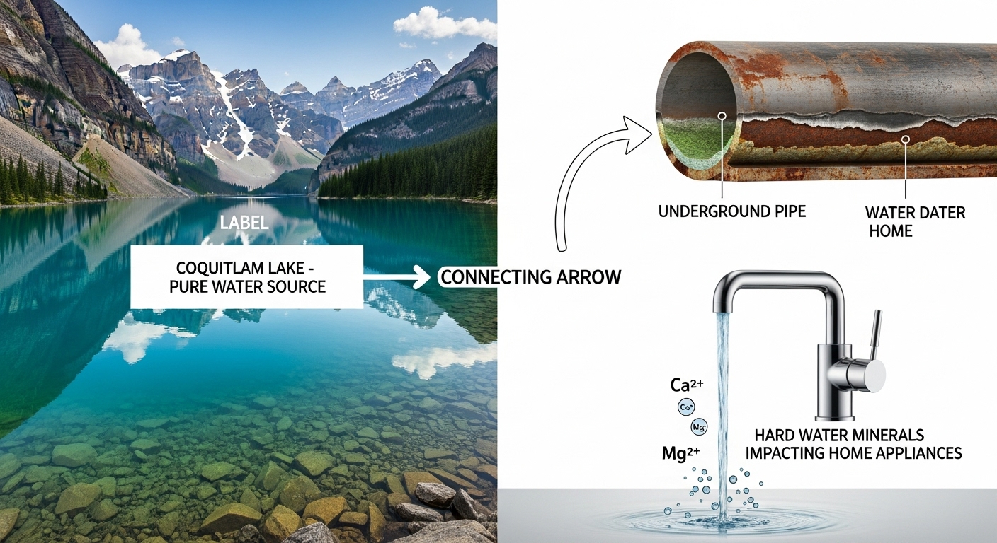 Illustration showing the journey of water from Coquitlam Lake through the Maple Ridge municipal system to a home faucet.