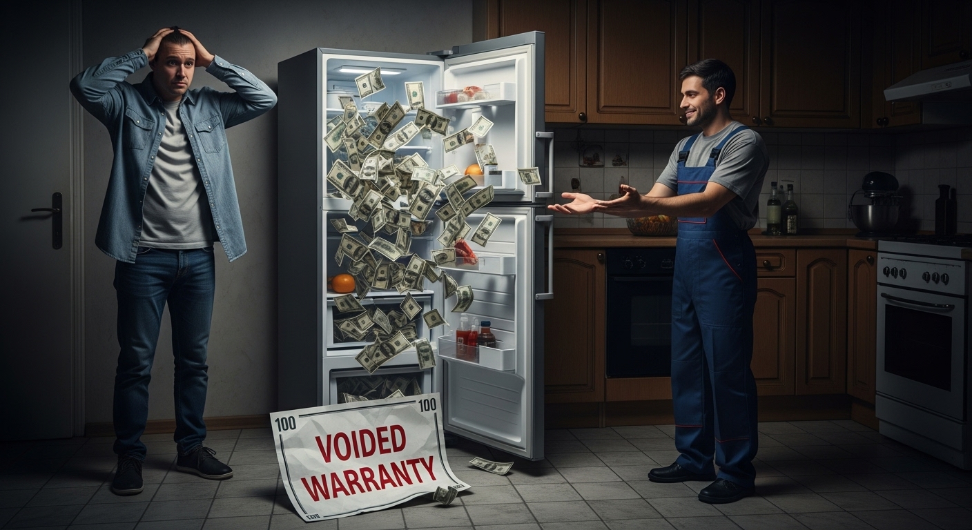 Money draining from a wallet symbolizing the lack of warranty on used appliances