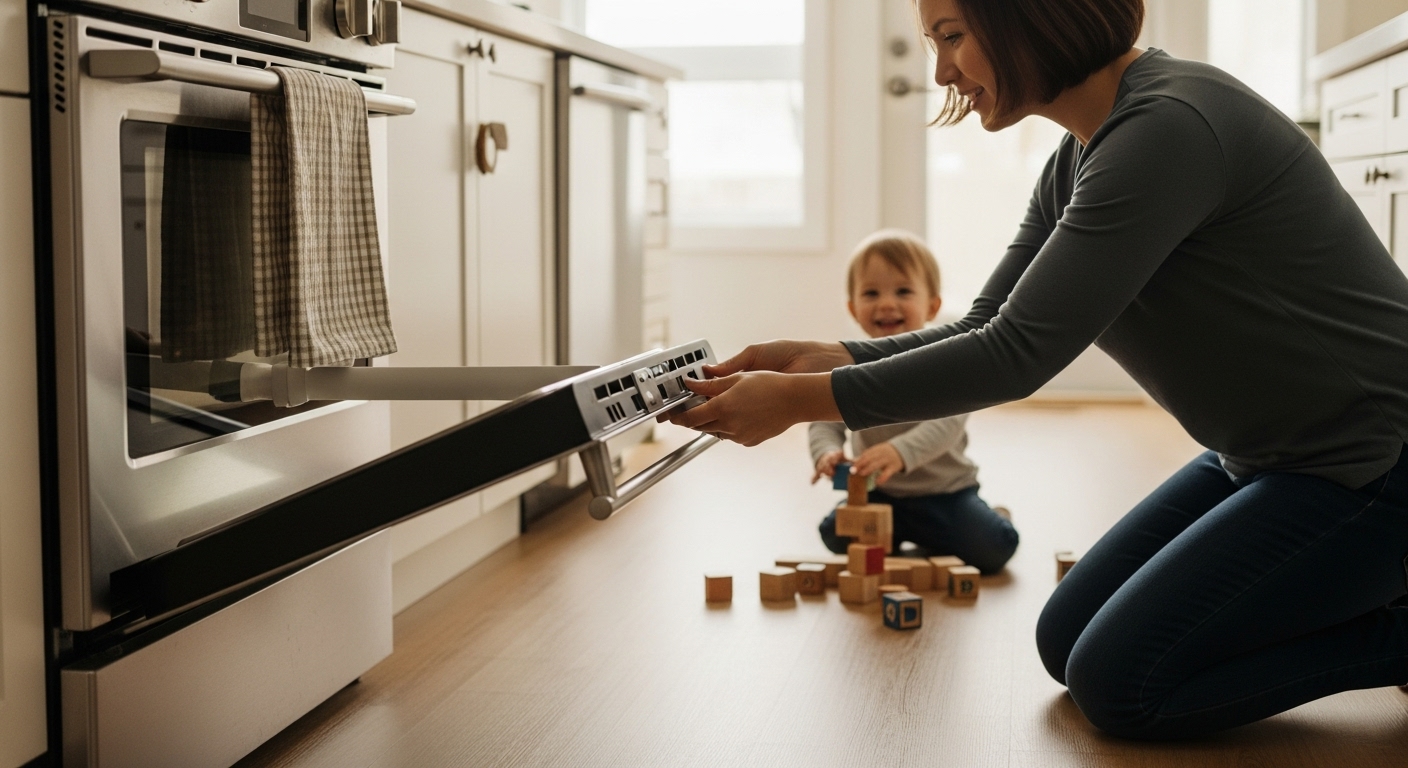 Parent and child in a Maple Ridge kitchen with childproofed appliances
