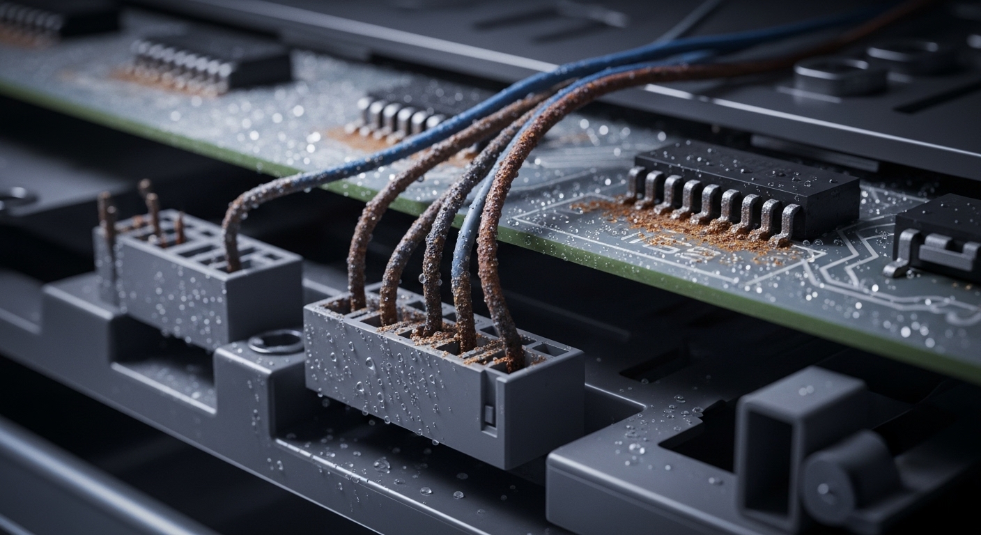 Close-up of a rusted appliance part showing the effects of corrosion from coastal humidity.
