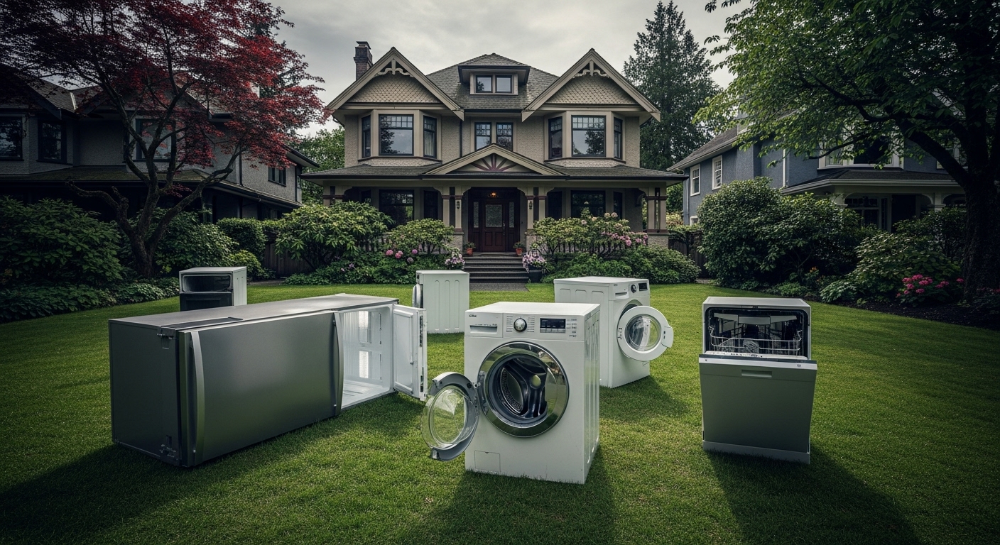 Discarded modern appliances in front of an older heritage home, creating an appliance graveyard.