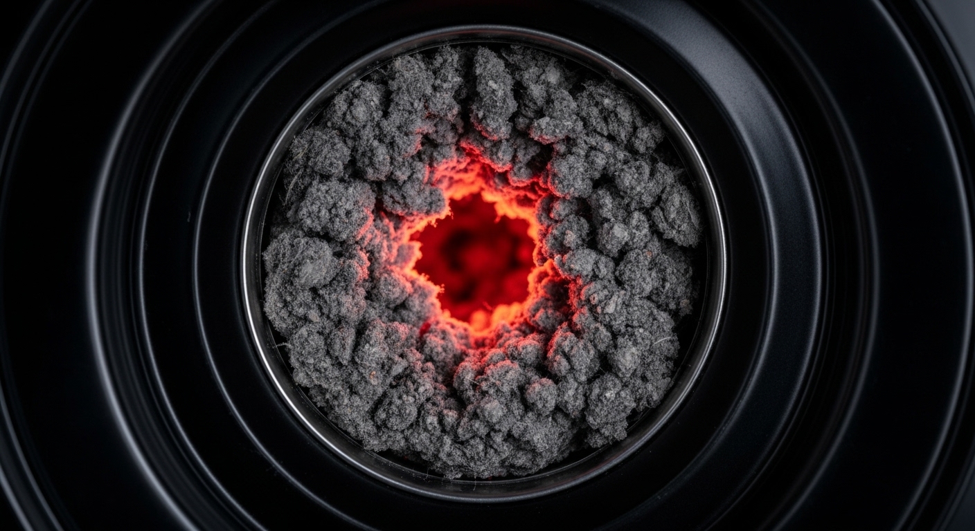 A hand holding a large clump of clothes dryer lint, showing a common fire hazard.